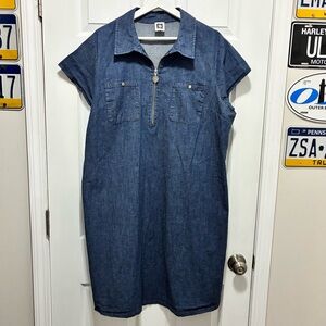 Anne Klein Marcella Cap Sleeve Quarter Zip Stretch Blue Denim Shift Dress